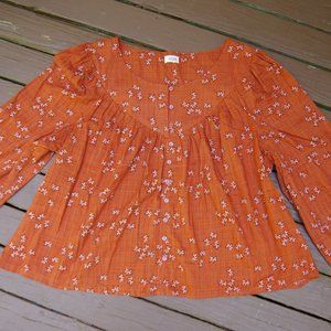 XL Burnt Orange Autumn Floral Puff-Sleeve Cotton/Rayon Blouse